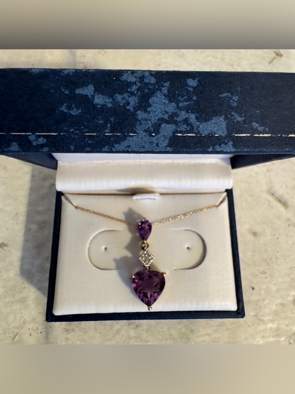 NWT 10K Gold Genuine Amethyst Heart & Pear Pendant Necklace 2.08 CTW